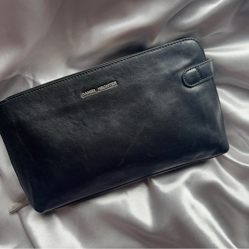 Daniel Hechter Black Leather Zipper Closure Compartments Unisex Handbag Clutch